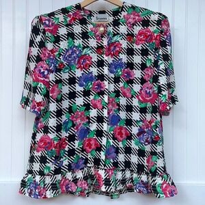 Evanna Vtg Blouse Floral Houndstooth Cottagecore Whimsigoth Fairy Pink Purple 14